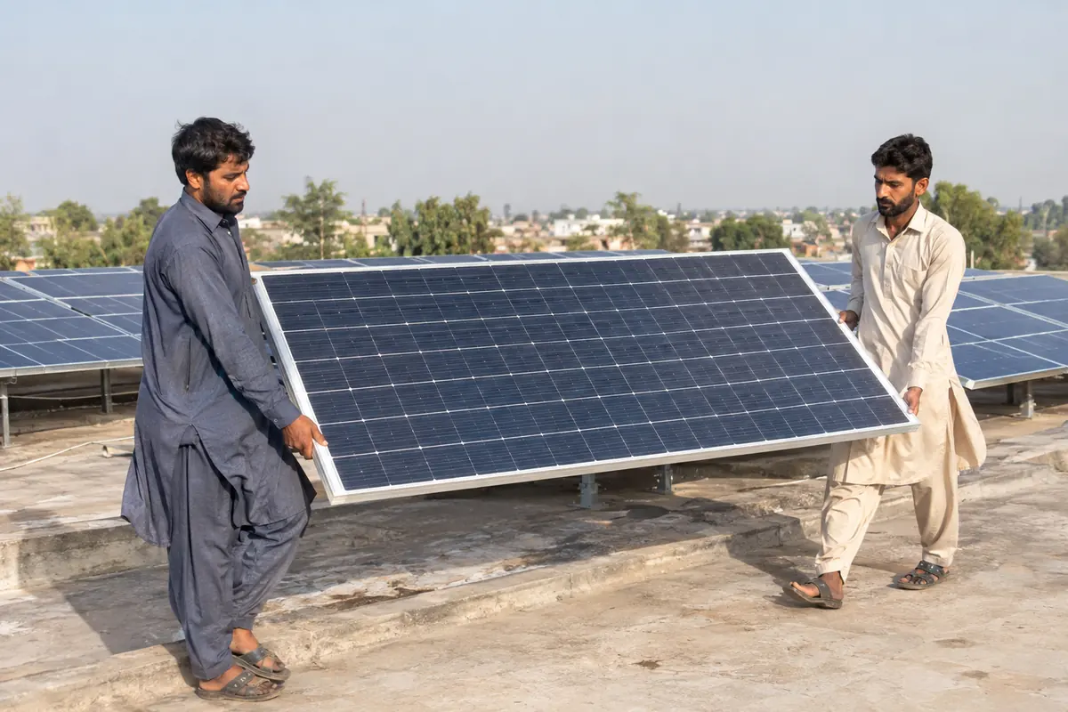 Two installers carrying a 540 watt solar panel across a rooftop in Punjab
