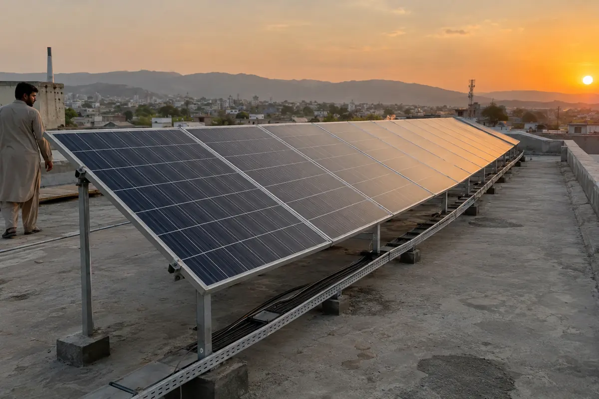 Row of 550 watt solar panels on a flat rooftop in Rawalpindi