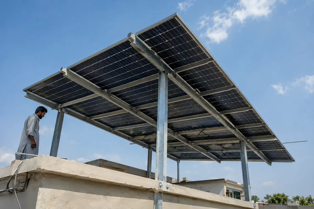 Raised steel structure holding 580 watt solar panels on a house roof