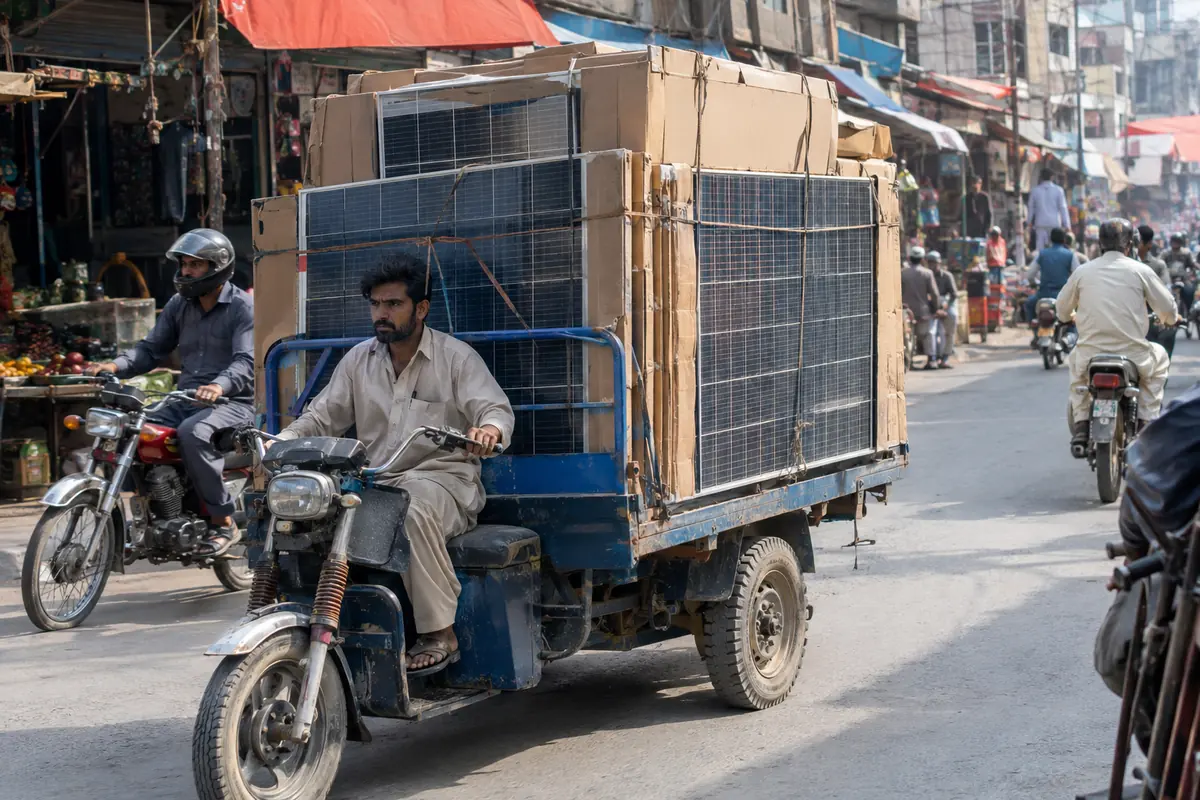 Loader rickshaw delivering boxed solar panels through a Pakistani market