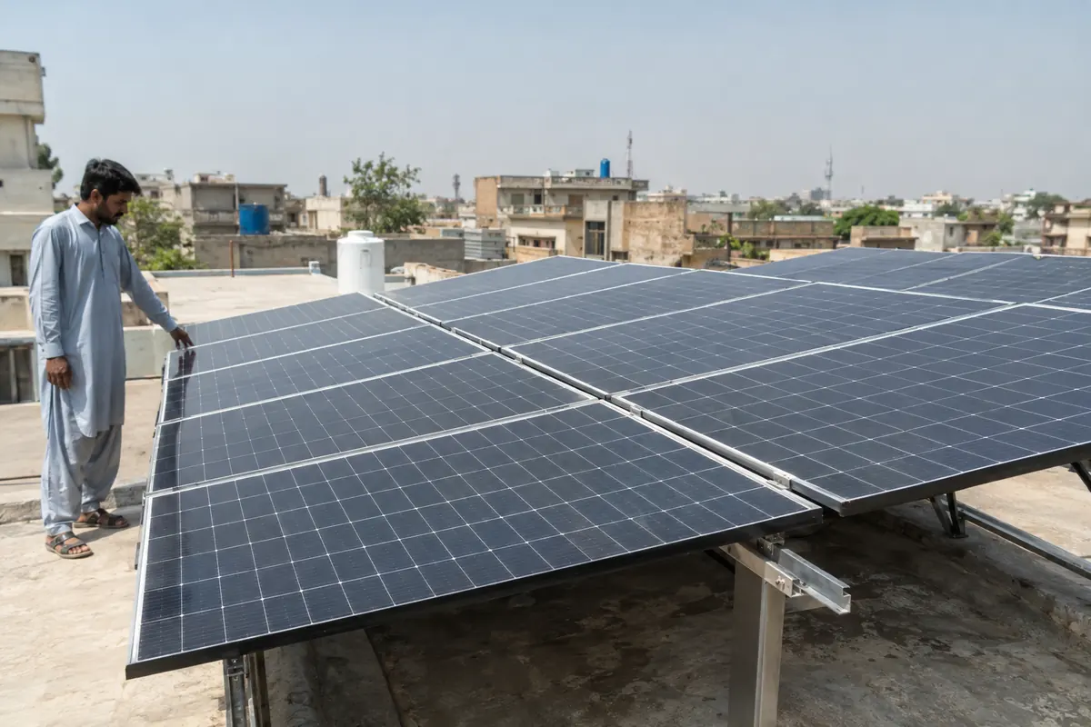 Half-cut monocrystalline solar panels, the type Jinko sells in Pakistan, on a Faisalabad rooftop