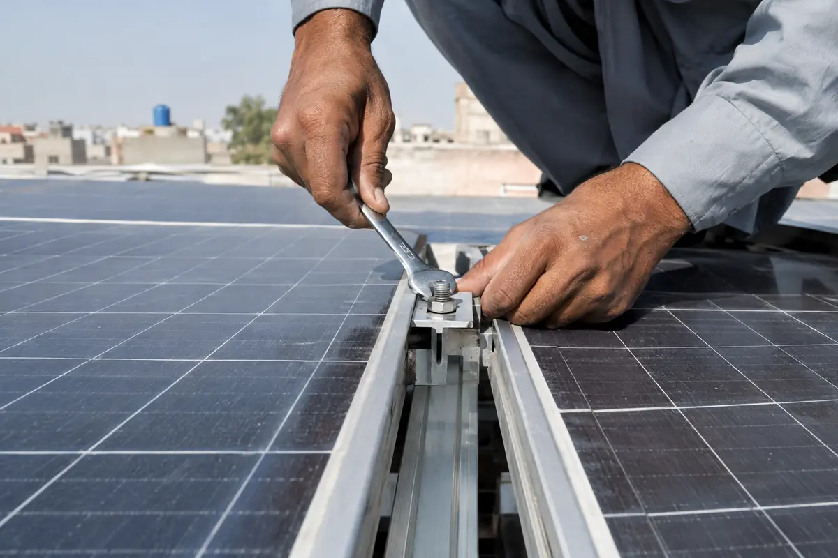 Installer clamping two large n-type solar panels onto mounting rails