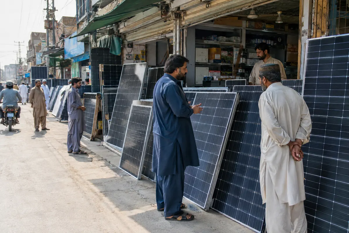 Solar shops displaying panels in a Pakistani market