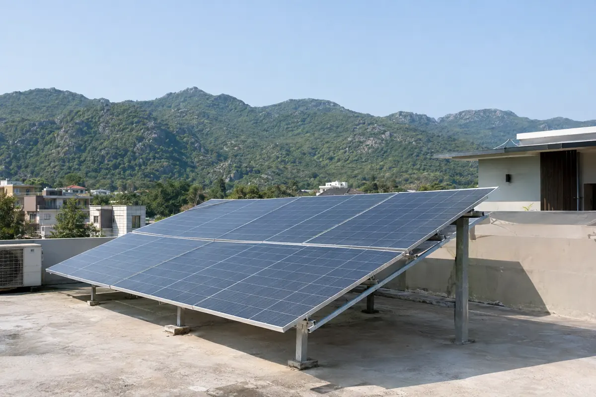 Solar panels on an Islamabad house rooftop with the Margalla Hills behind