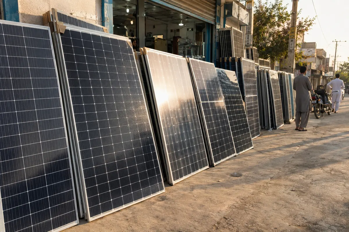 Unboxed solar panels lined up for sale outside a Pakistani solar shop